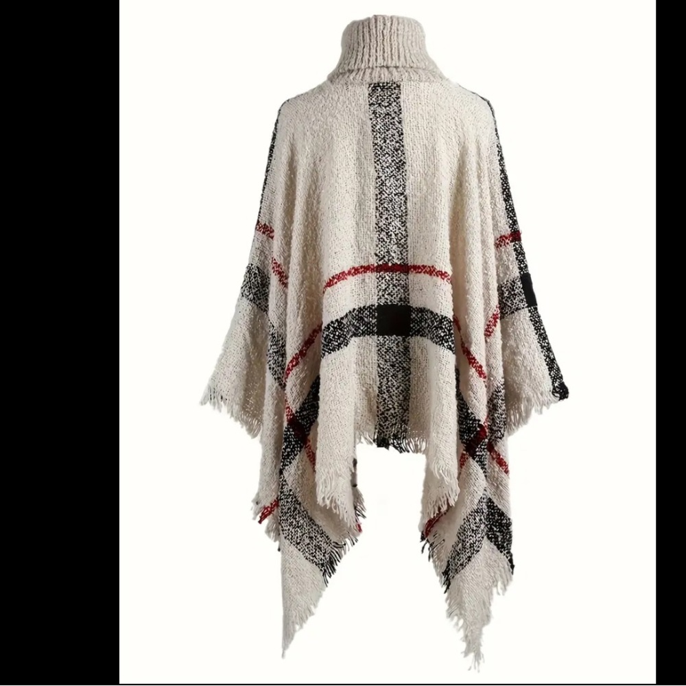 PLAID FRINGED TURTLEKNIT CAPE SWEATER XL NEW